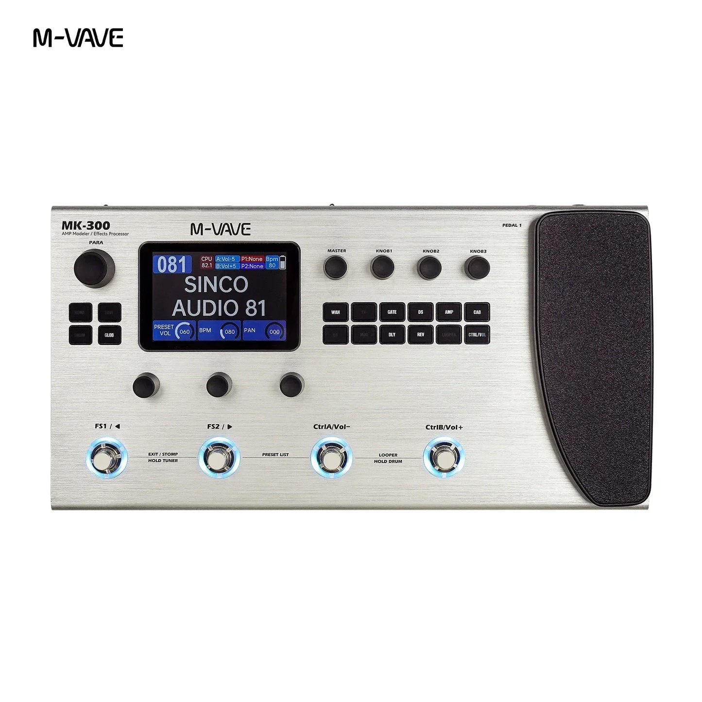 Silver brushed metal m-vave mk-300 guitar bass rechargeable effect pedal120amp with black rubber footpad and blue-lit knobs