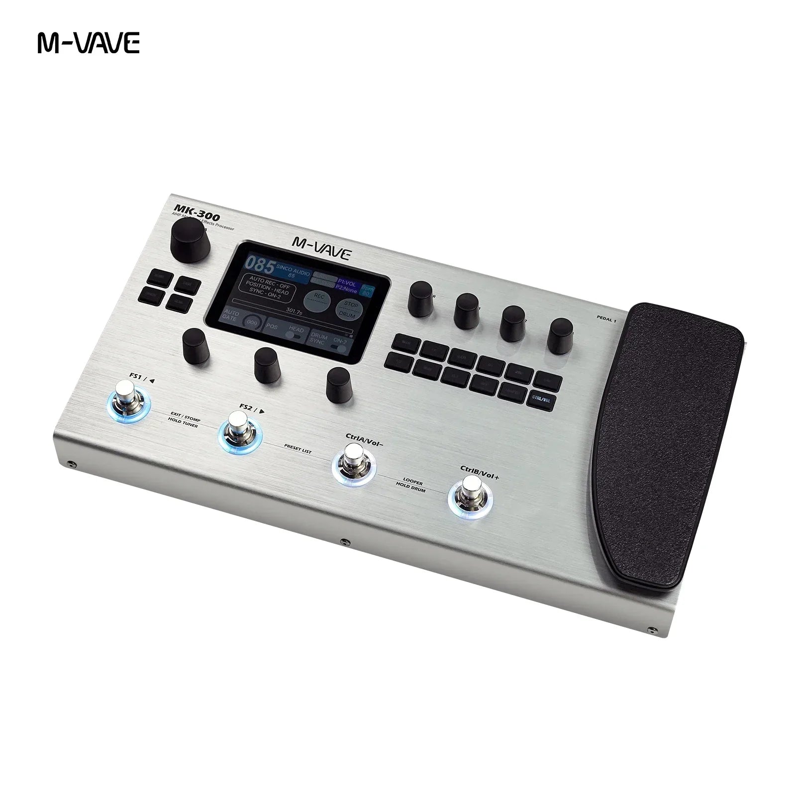 Silver m-vave mk-300 guitar rechargeable effect pedal with black knobs textured footpad for drum midi daw use