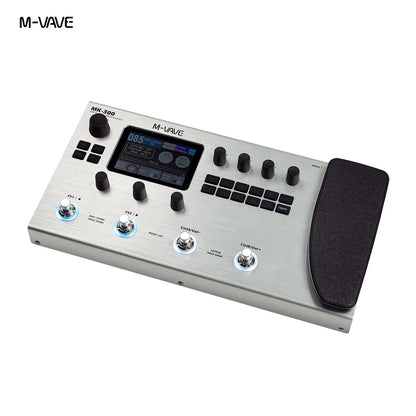 Silver m-vave mk-300 guitar rechargeable effect pedal with black knobs textured footpad for drum midi daw use