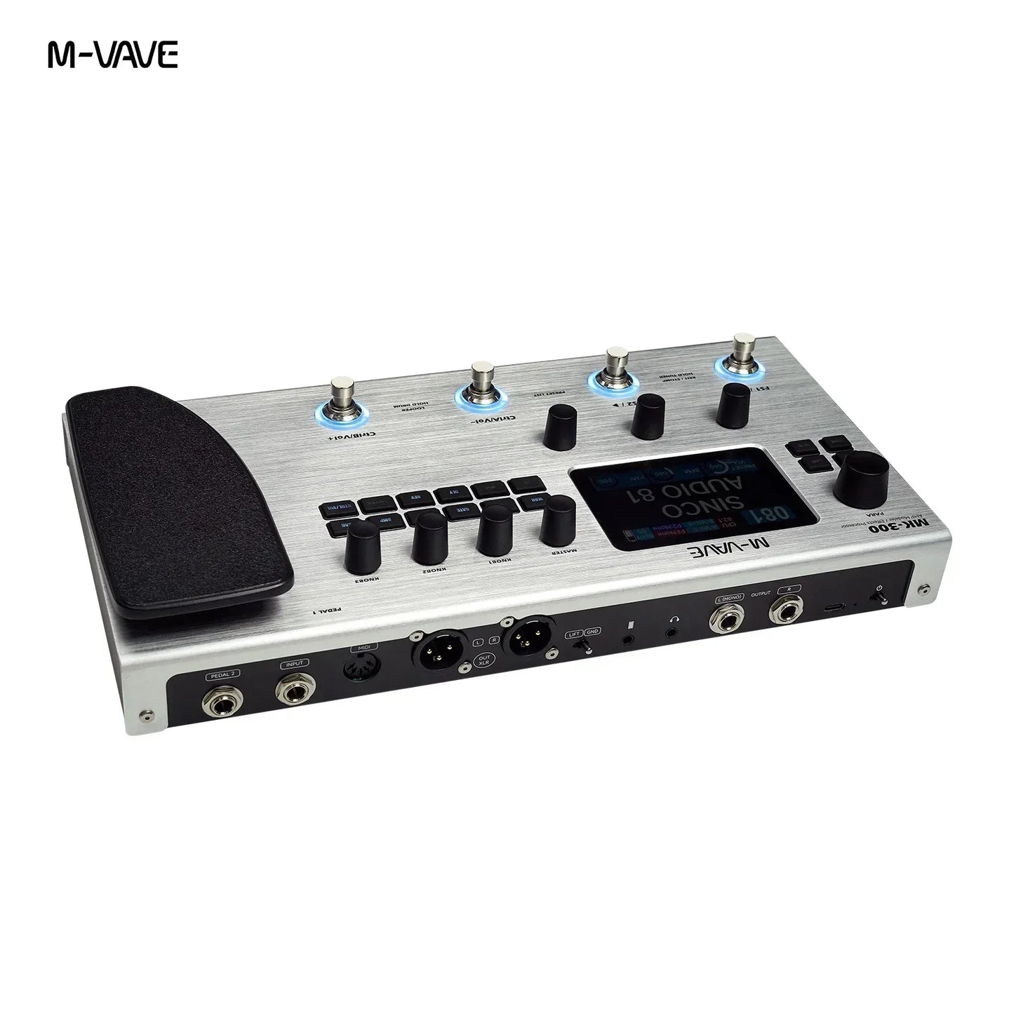 Silver m-vave mk-300 guitar rechargeable effect pedal120amp with black footswitch knobs and drum midi daw display screen