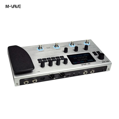 Silver m-vave mk-300 guitar rechargeable effect pedal120amp with black footswitch knobs and drum midi daw display screen