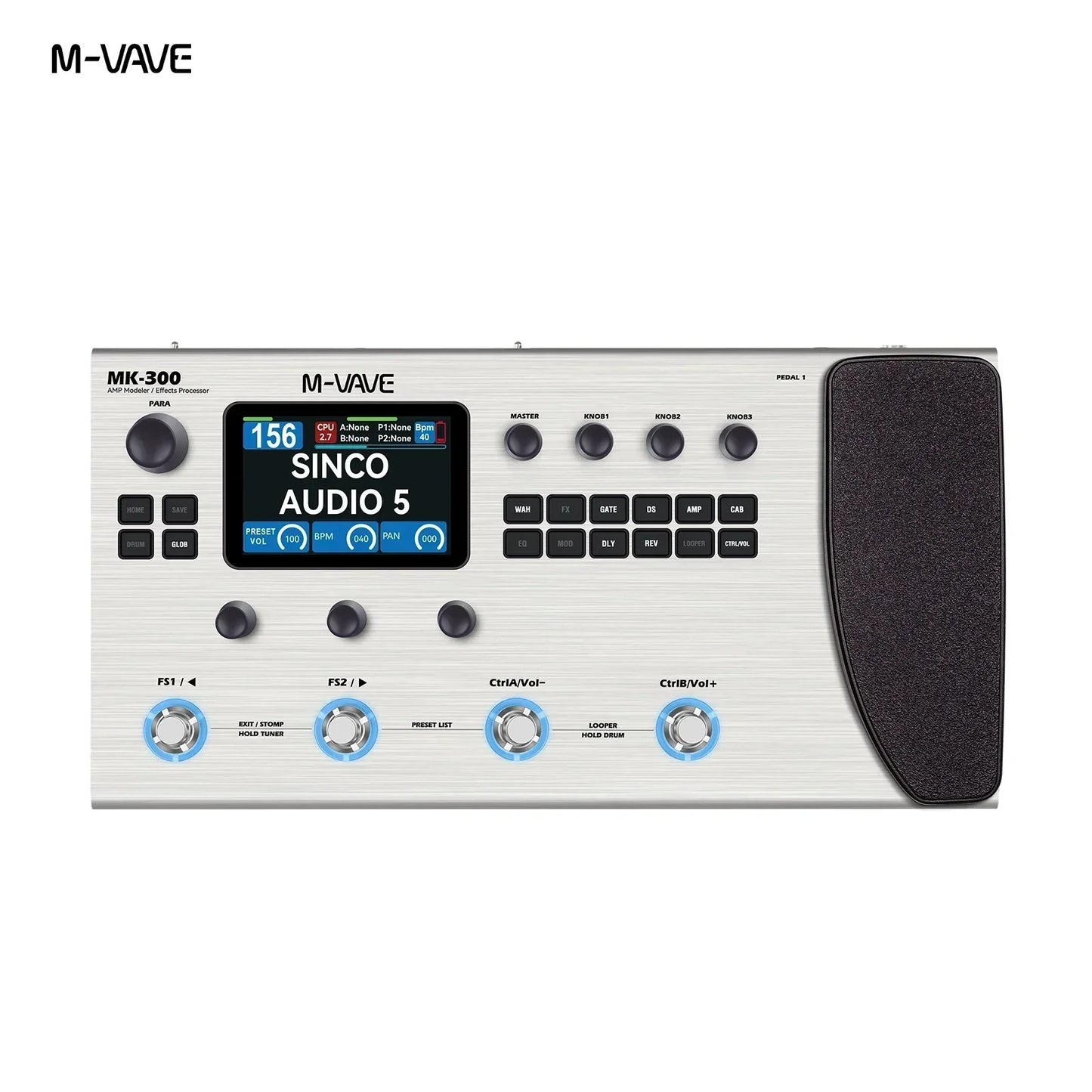 Silver m-vave mk-300 guitar bass multi-effect processor with ann neural modeling, 120amp 10h battery, brushed metal finish