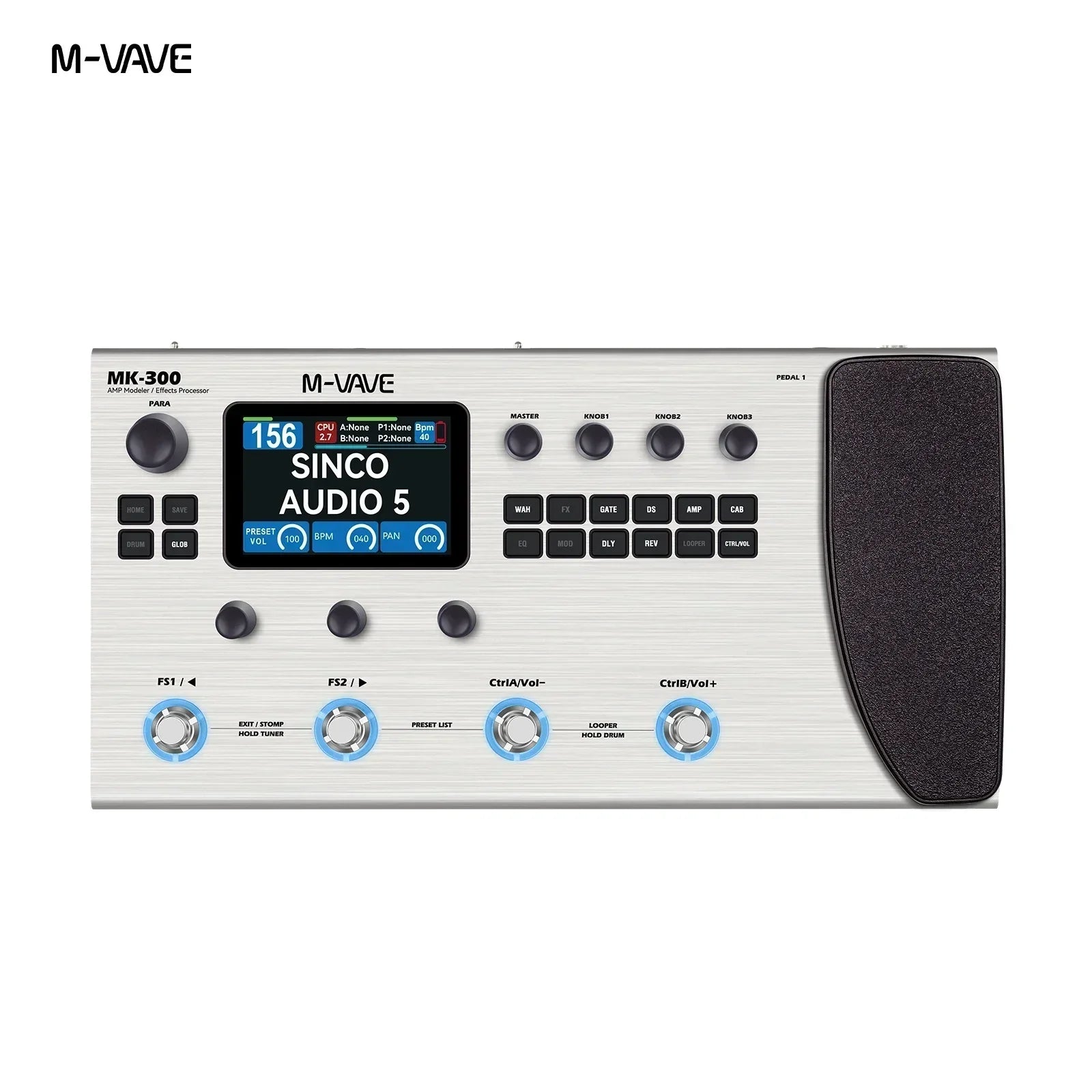 Silver m-vave mk-300 guitar bass multi-effect processor with ann neural modeling, 120amp 10h battery, brushed metal finish