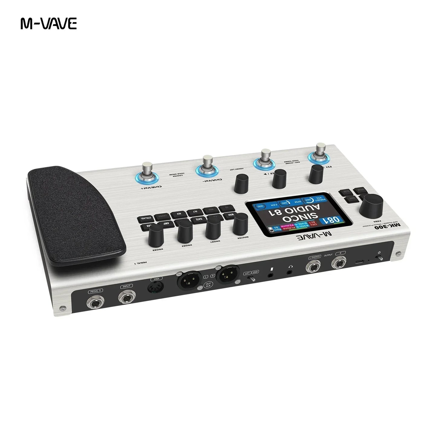 Silver m-vave mk-300 guitar bass multi-effect processor with black footswitch, illuminated display, ann neural modeling, 120amp 10h battery