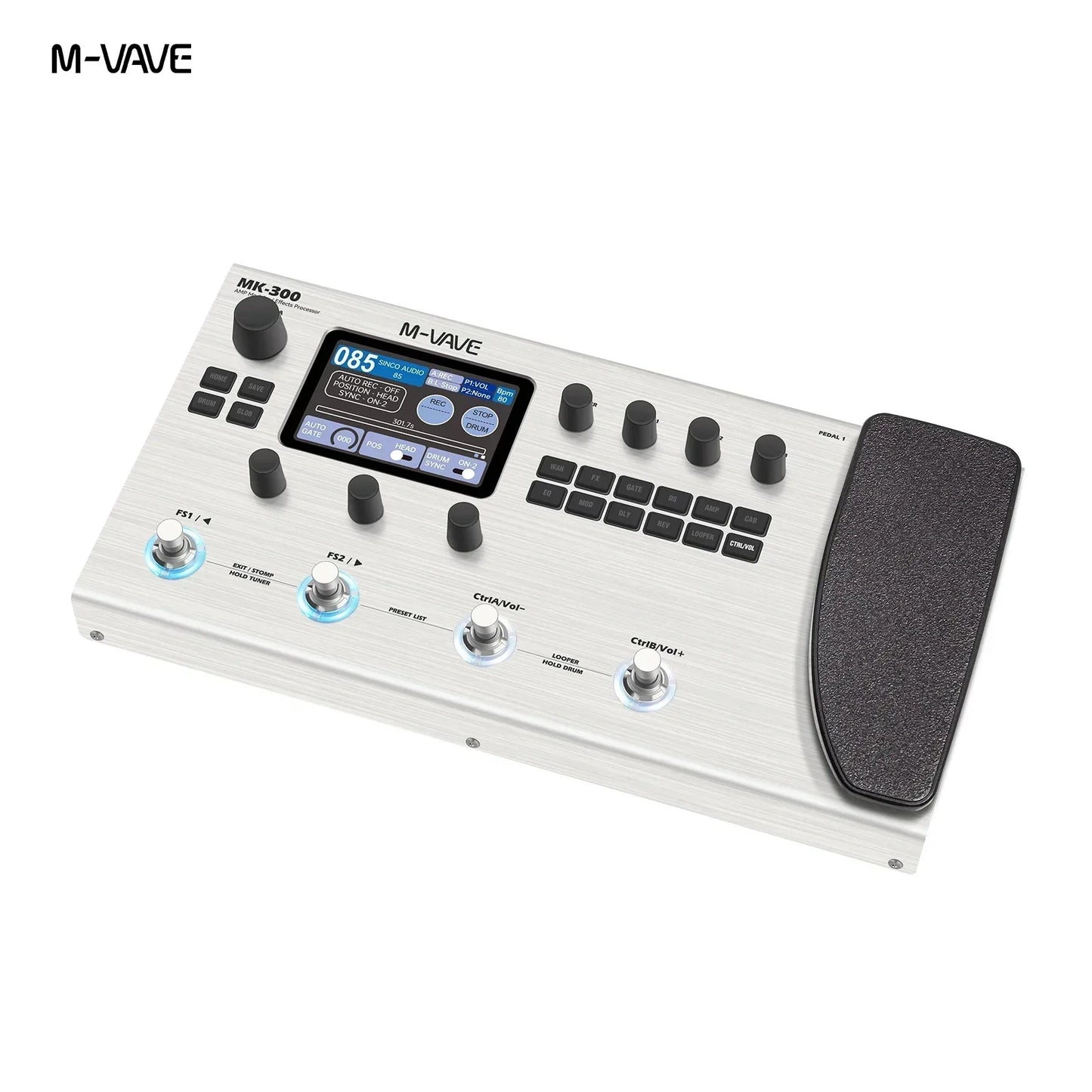 M-vave mk-300 silver guitar bass multi-effect processor with black knobs digital display ann neural modeling 120amp 10h battery