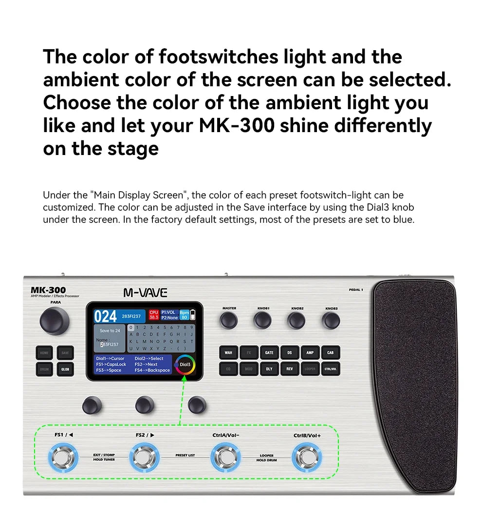 Silver m-vave mk-300 pedalboard with blue-lit display featuring ann neural modeling and 120amp 10h battery for guitar effects