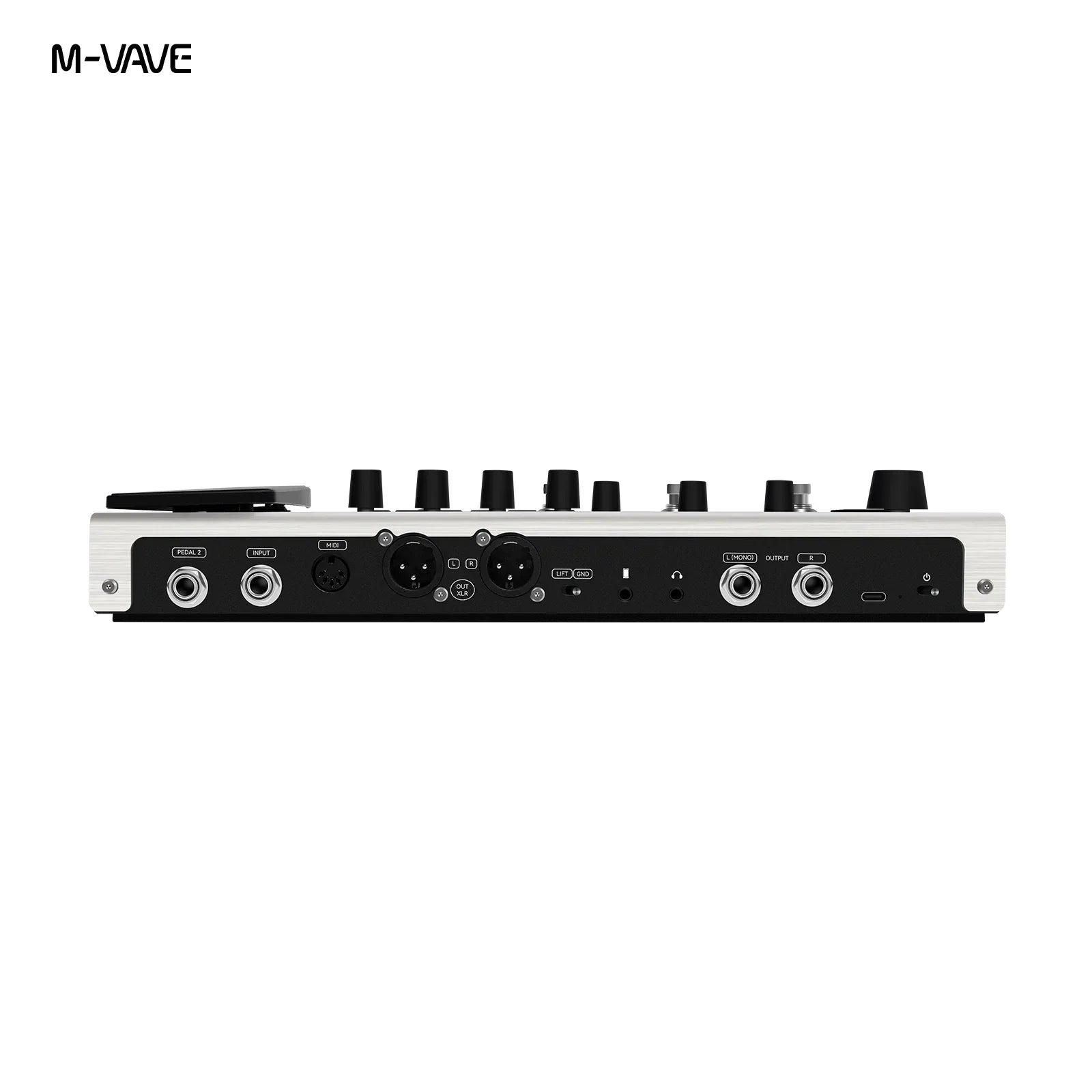 M-vave mk-300 audio interface in sleek silver and black with multiple ports and control knobs features 150s looper and 120amp 10h battery