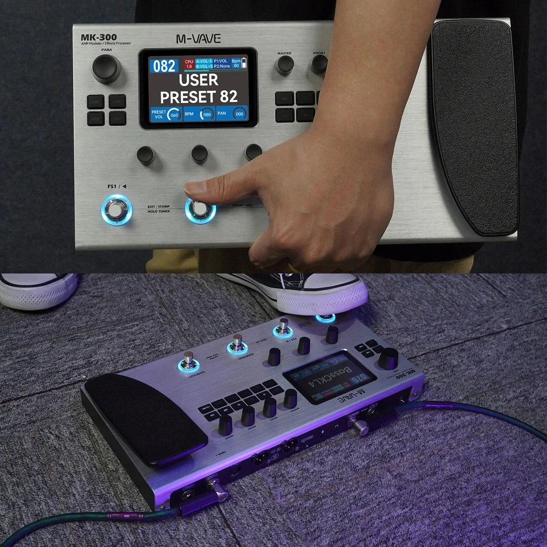 Silver m-vave mk-300 guitar bass multi-effects processor with digital display illuminated knobs 150s looper 120amp 10h battery