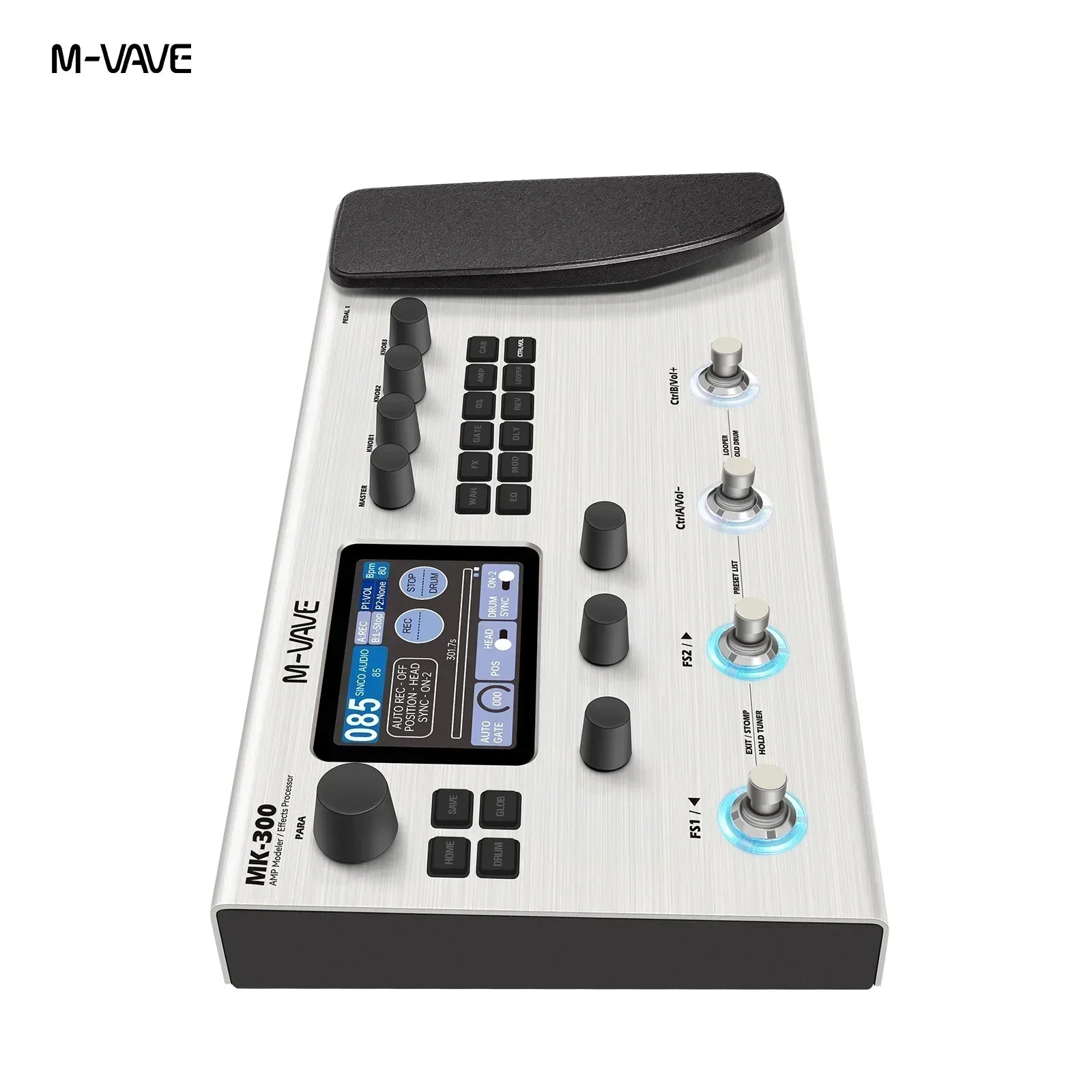 Silver m-vave mk-300 midi controller with black knobs buttons touchscreen featuring 150s looper and 120amp 10h battery