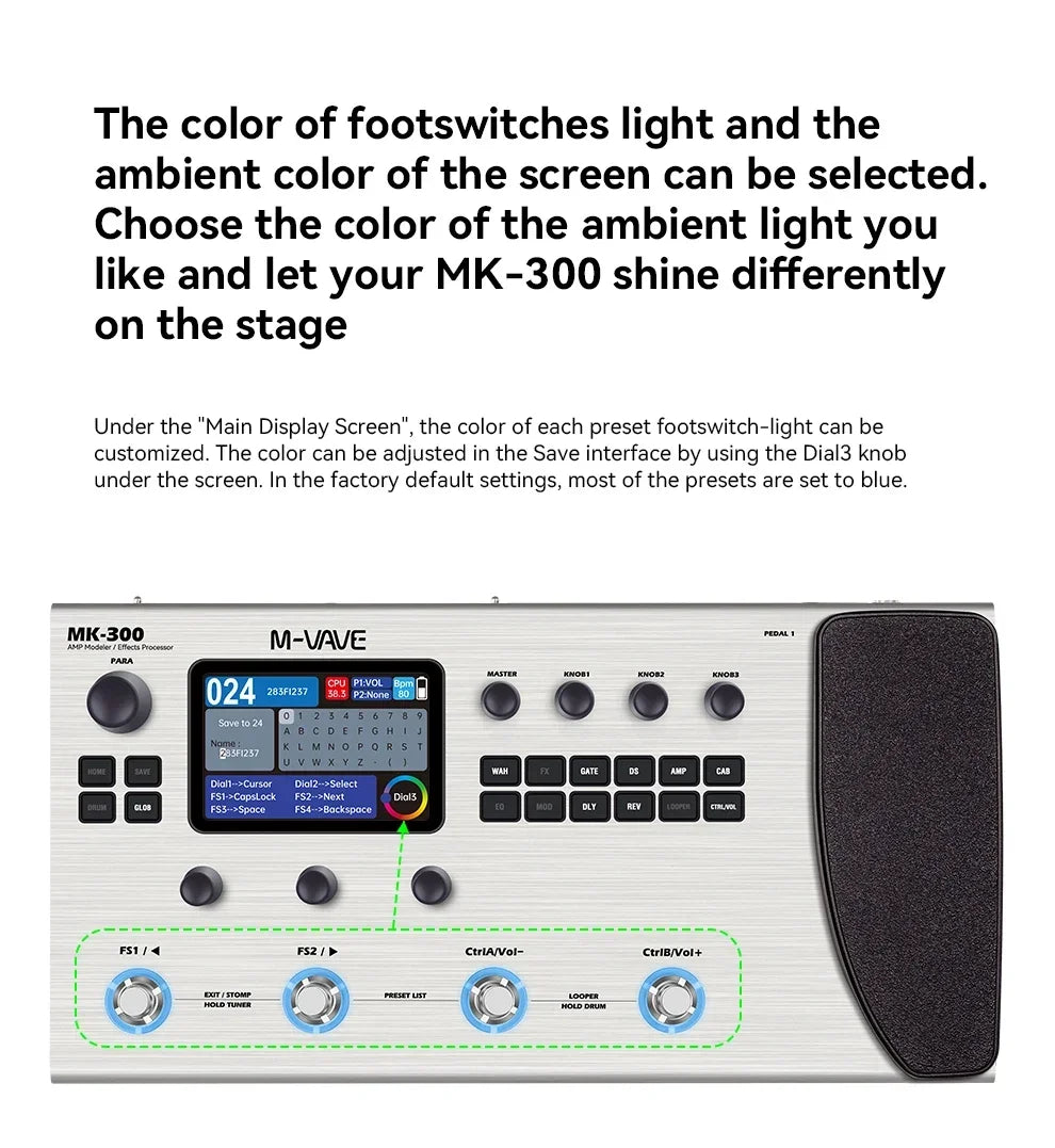 Silver m-vave mk-300 midi foot controller with black textured pedal pad, blue-lit knobs, 150s looper, 120amp 10h battery