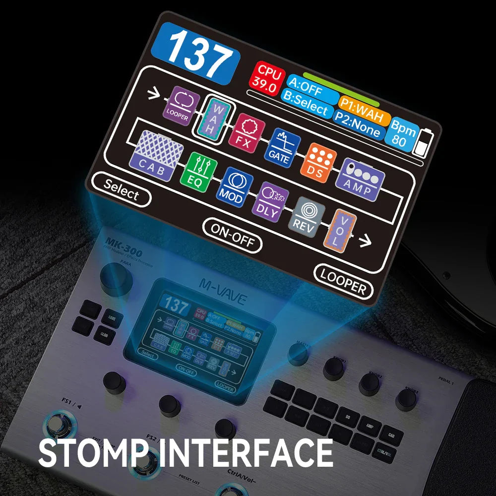 The m-k300 silver stomp interface features ann neural modeling 120amp 360fx and a 150s stereo looper128 for guitar effects