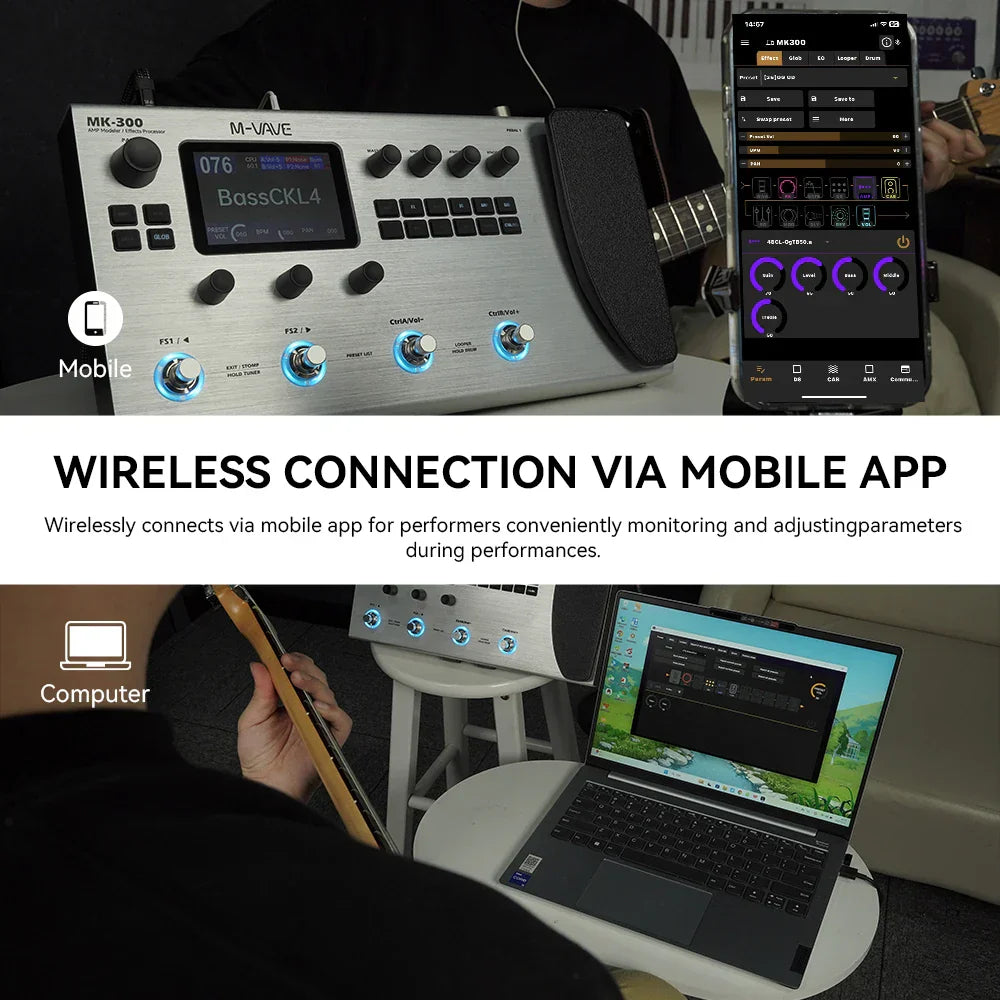 Silver m-audio mk-300 bass pedal with blue-lit knobs and digital display featuring ann neural modeling 120amp 360fx and 150s stereo looper128