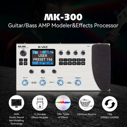 Silver mk-300 guitar multi-effect processor with ann neural modeling 120amp 360fx and 150s stereo looper128 in brushed metal