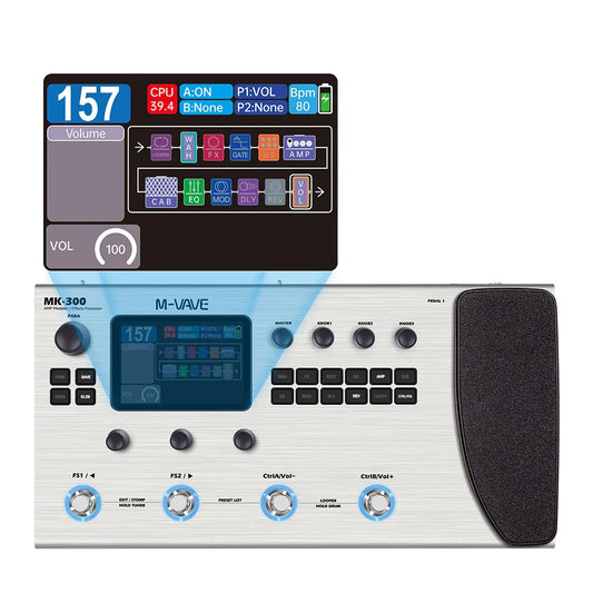 Silver mk-300 m-vave guitar multi-effect processor with ann neural modeling 120amp 360fx and 150s stereo looper128