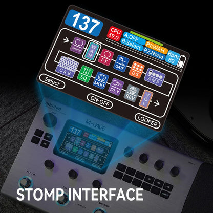 Silver m-vave mk-300 guitar multi-effect processor with ann modeling, illuminated display, tactile knobs, and 150s stereo looper