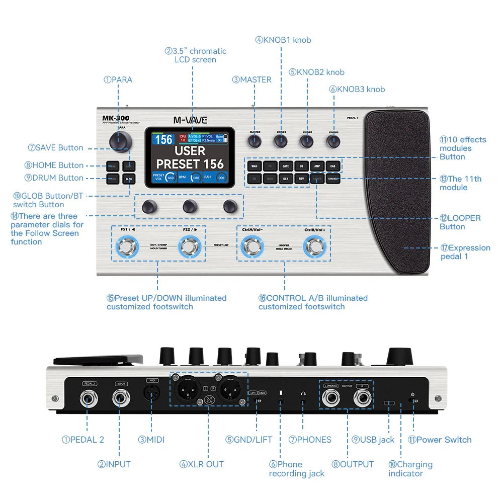 Silver m-wave mk-300 guitar multi-effect processor with ann neural modeling 120amp 360fx and 150s stereo looper128 features
