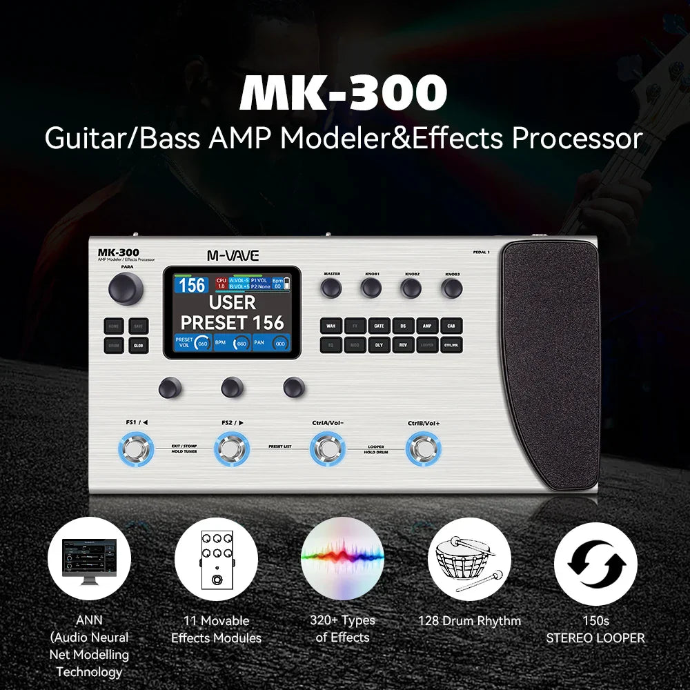Silver mk-300 guitar and bass amp modeler with ann neural modeling 120amp 360fx 10h battery and drum midi daw features