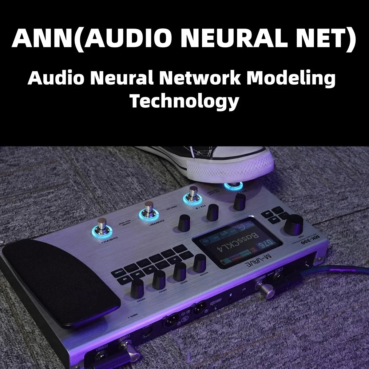 Silver m-audio mk-300 guitar multi-effects pedal with black knobs illuminated blue led lights usb xlr midi features
