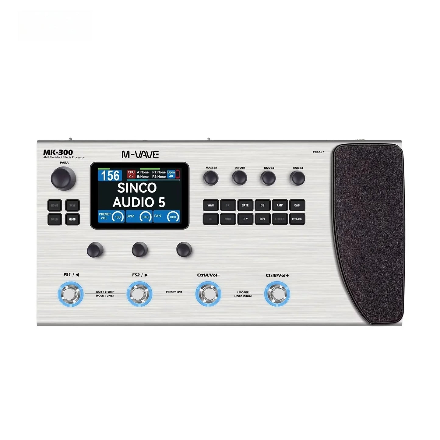 Silver brushed metal m-audio mk-300 guitar multi-effects pedal with black foot pedal and usb xlr midi connectivity