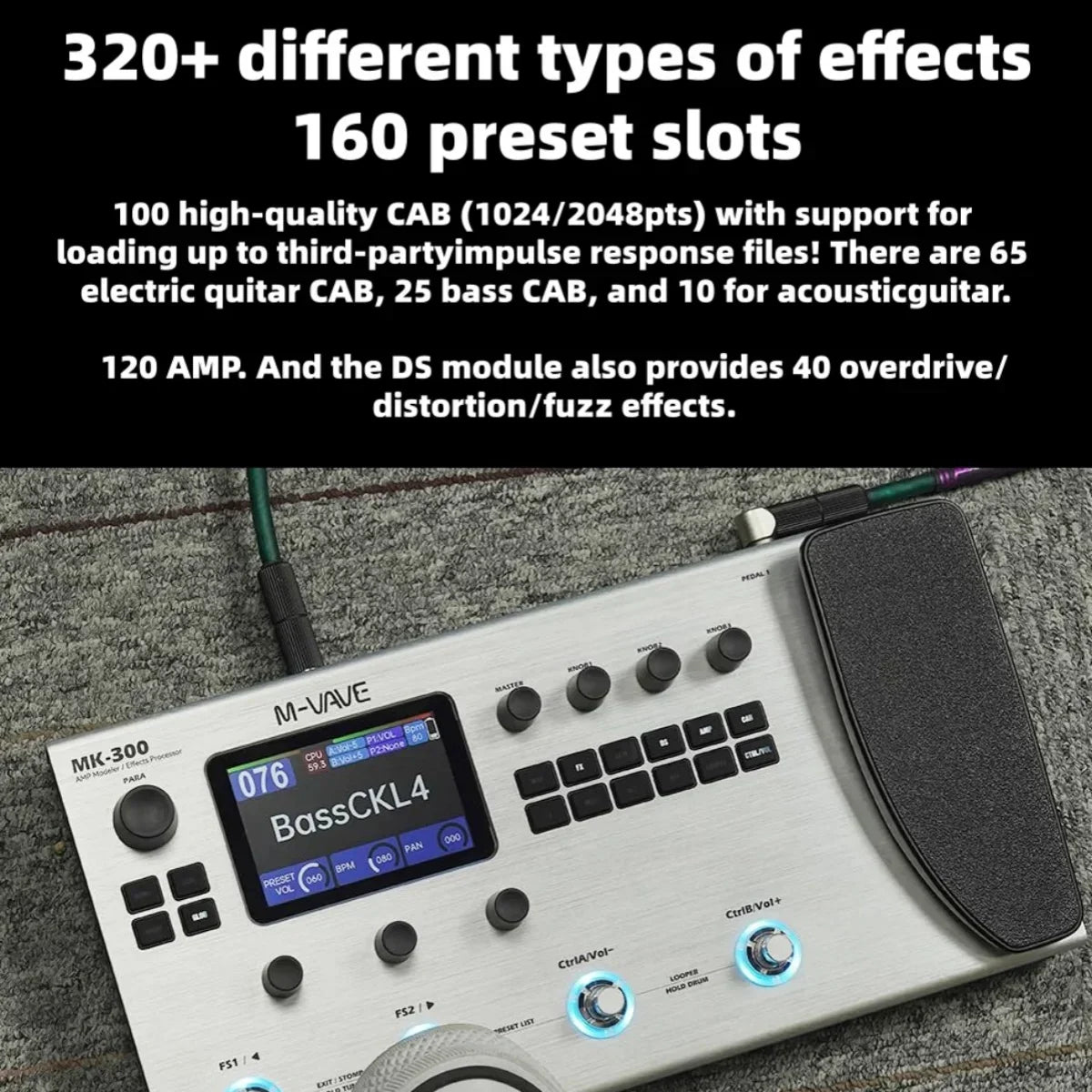Silver m-wave mk-300 guitar multi-effects pedal with 3.5 inch lcd, usb xlr midi, and built-in drum machine usb controls