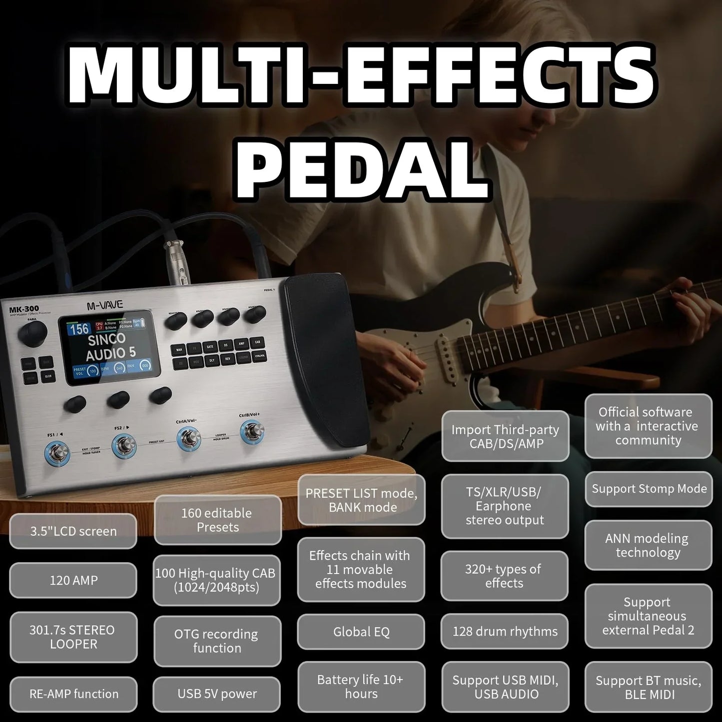 Silver m-wave mk-300 guitar multi-effects pedal with 3.5 inch lcd screen and usb xlr midi for drum machine usb connectivity