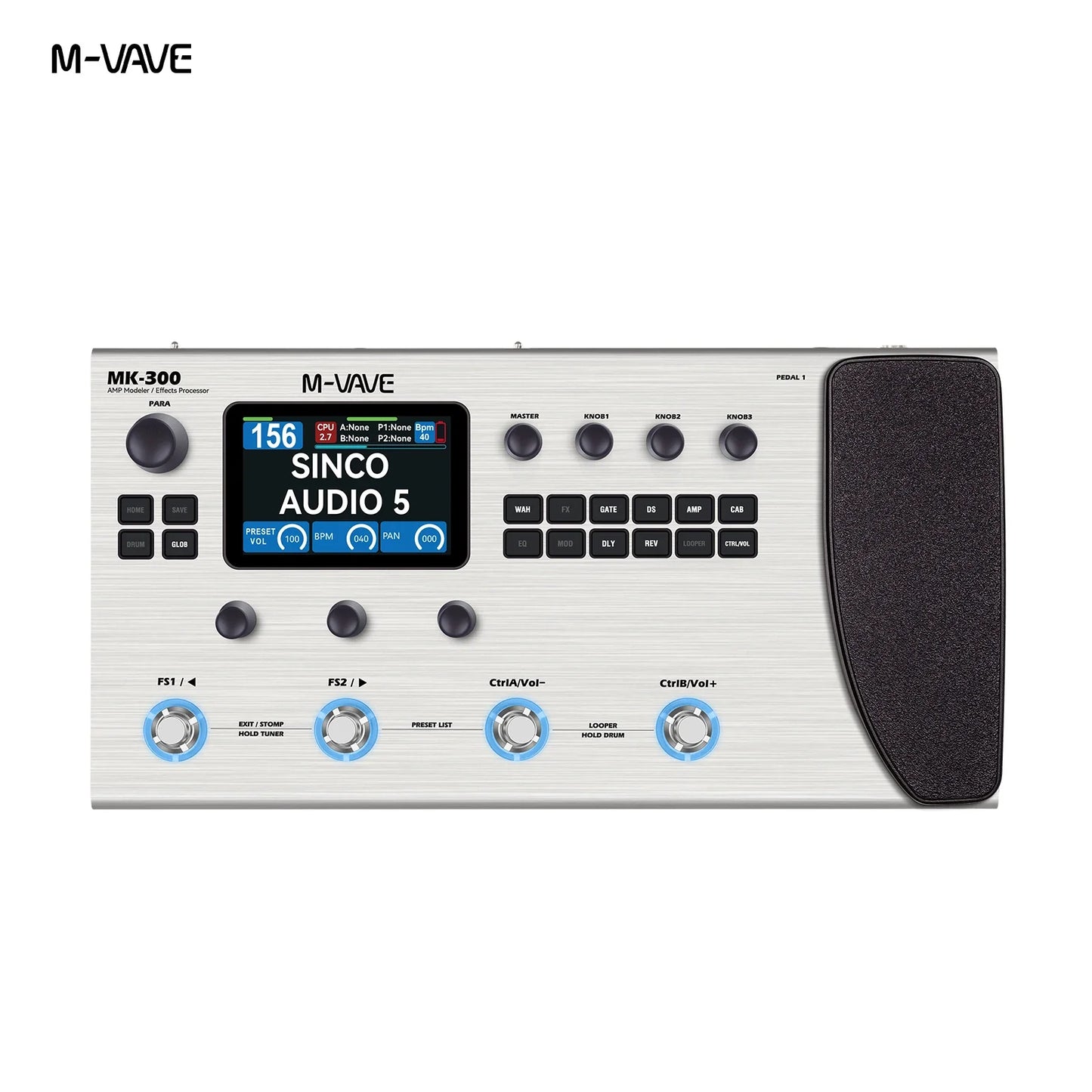 Silver m-vave mk-300 guitar bass effector pedal with brushed metal finish black knobs blue-lit footswitches and modeling 120amp 360fx