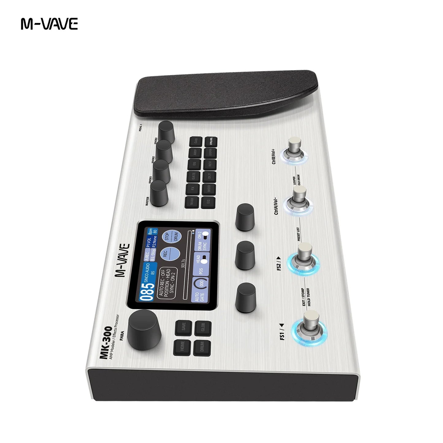 M-vave mk-300 portable guitar bass effector with brushed silver metal body black knobs and illuminated neural modeling 120amp display