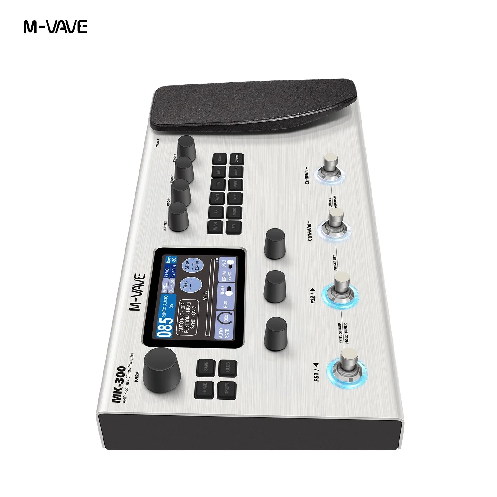 M-vave mk-300 portable guitar bass effector with brushed silver metal body black knobs and illuminated neural modeling 120amp display