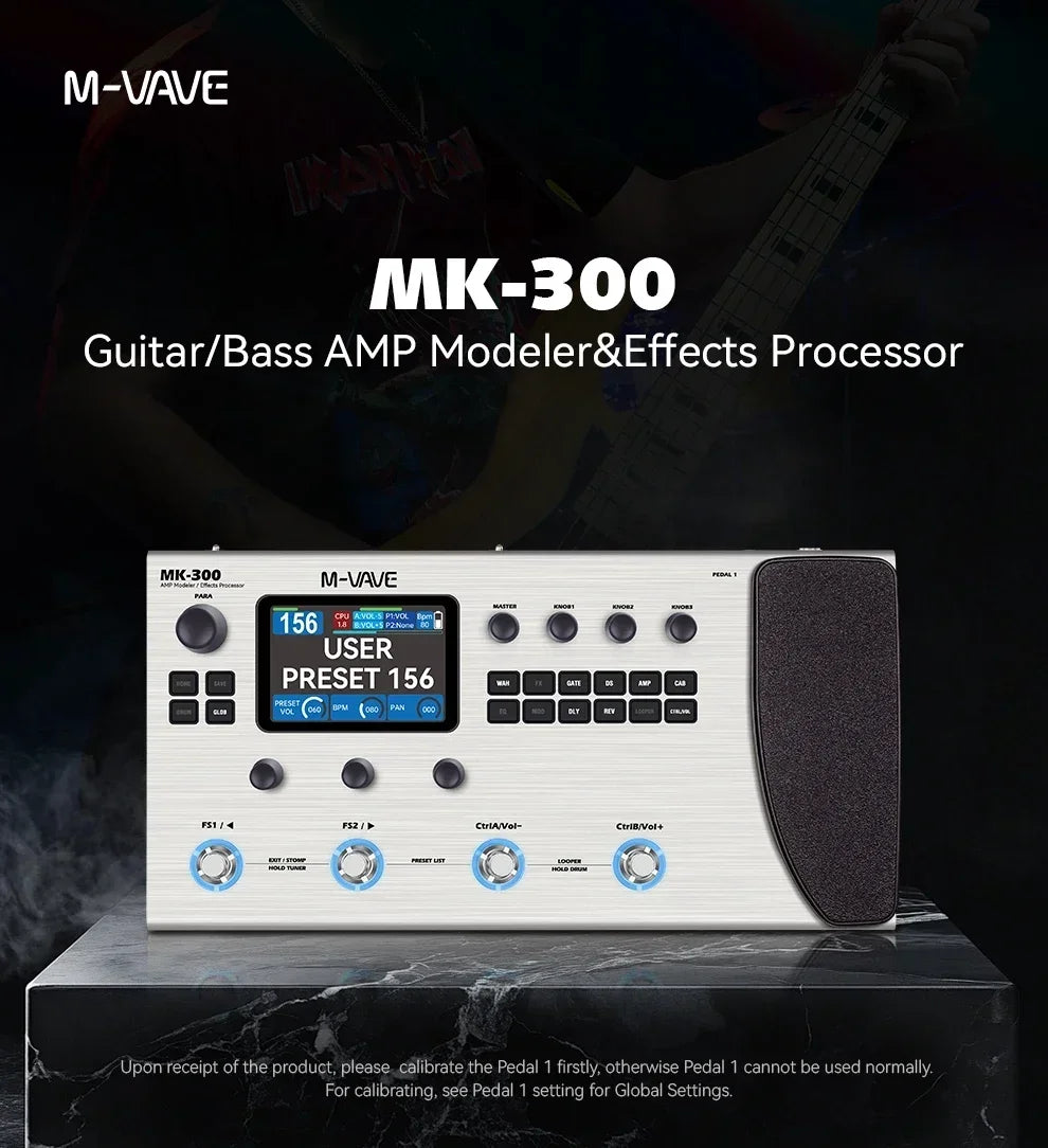 M-vave mk300 electric guitar bass multi-effects processor pedal 150s with silver finish blue display and midi daw modules