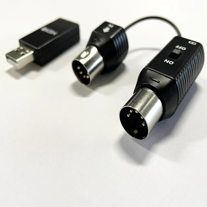 Black ms1 midi adapter with silver metallic din usb interface and on off switch for midi device connecto use