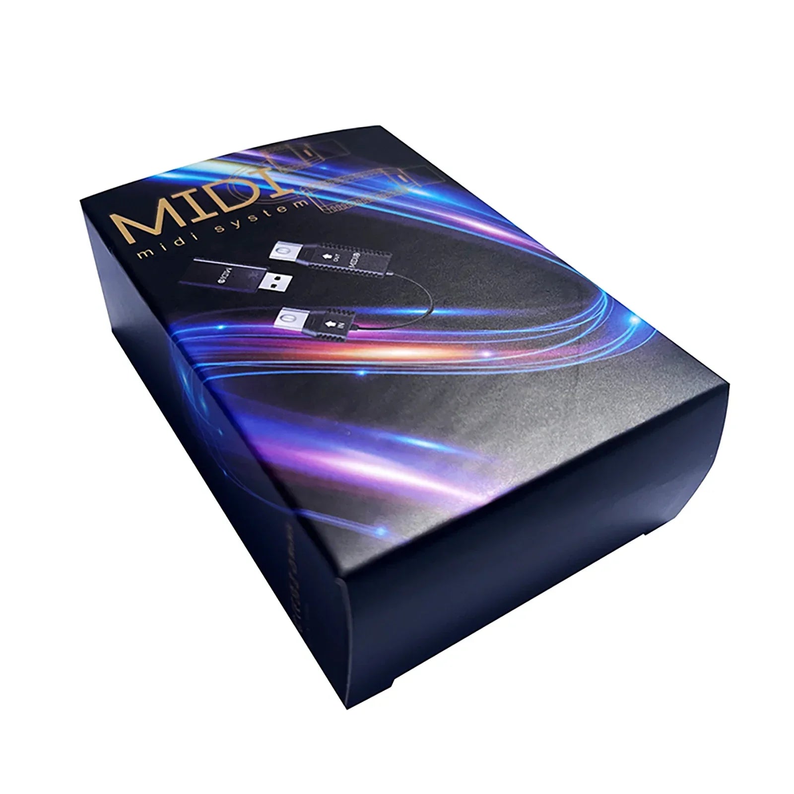 Black ms1 midi adapter with glossy finish and blue purple light streaks featuring gold midi system text for din usb interface connecto