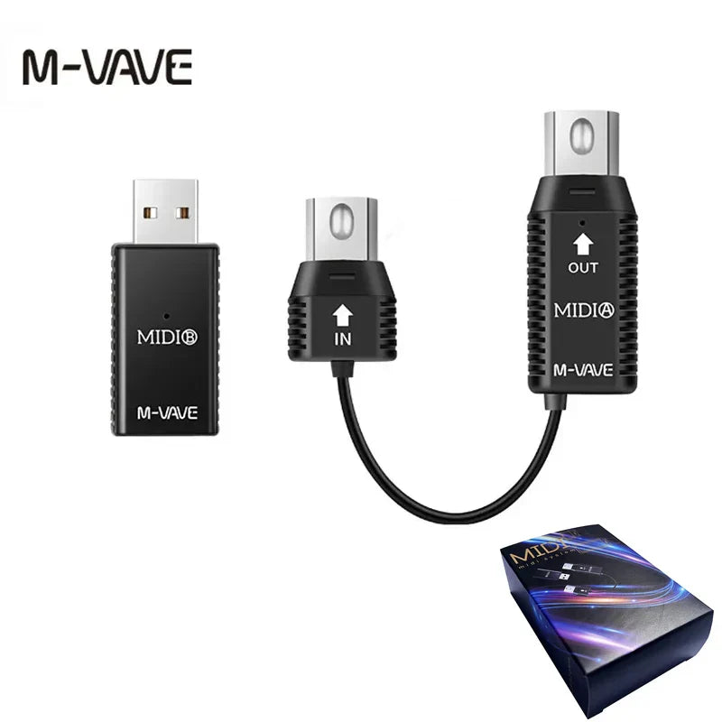 M-vave ms1 midi adapter black usb midi device connecto with silver metallic din usb interface and textured sides