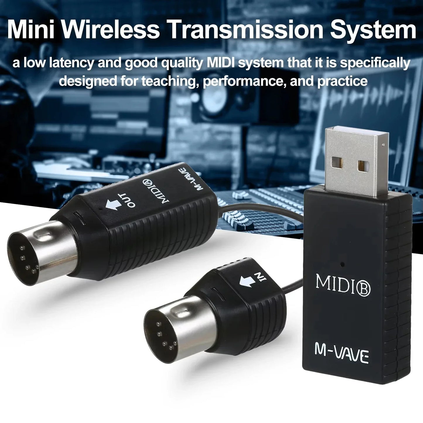 Black ms1 mini wireless midi wireless adapter with usb receiver and two midi connectors for plug play use