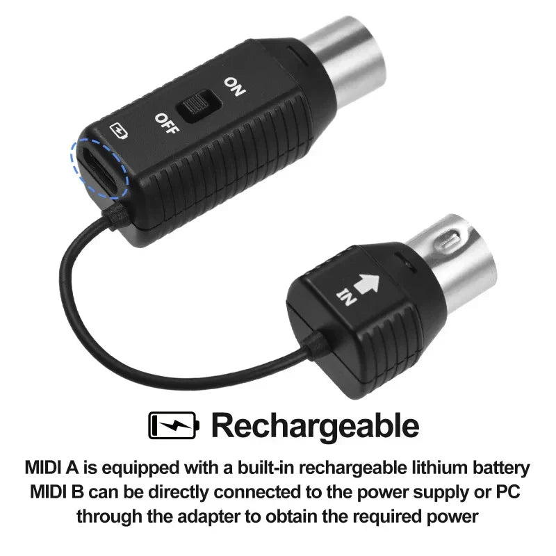 Black ms1 mini wireless midi wireless adapter with silver metallic connectors and textured grips for midi devices adapter plu play