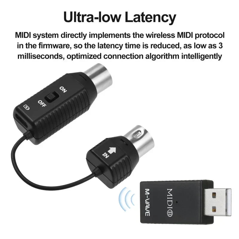 Black midi ms1 mini wireless transmitter and receiver set with silver connectors and usb dongle midi wireless adapter plu play