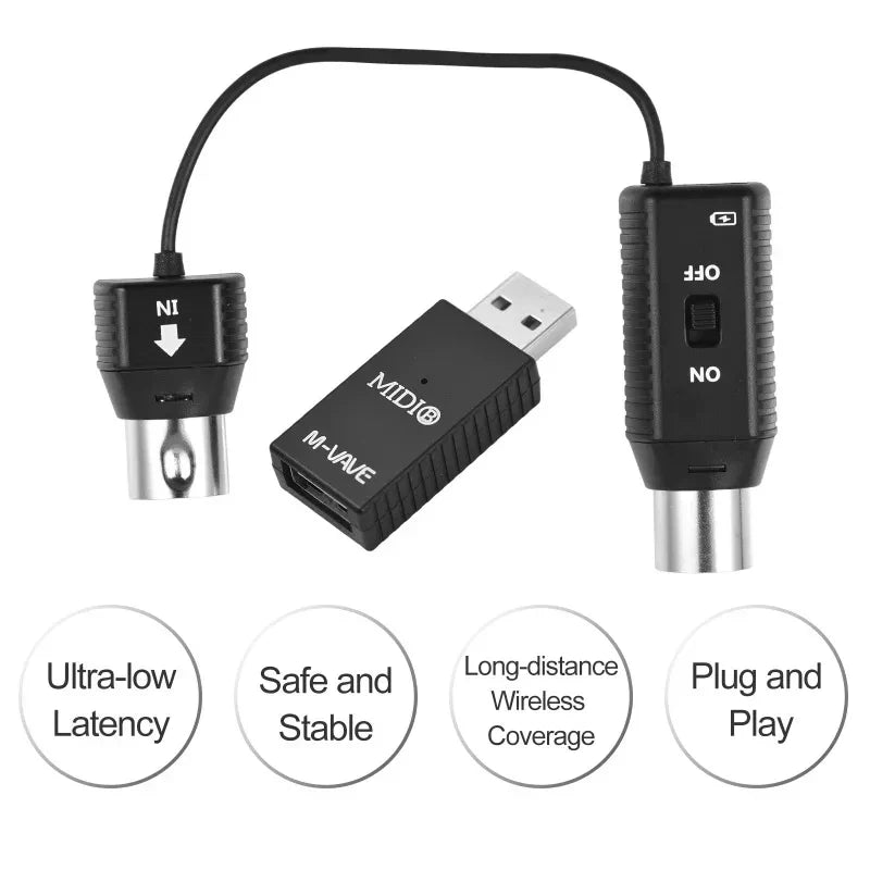 Black ms1 mini wireless midi wireless adapter with silver connectors and textured grip supporting adapter plu play functions