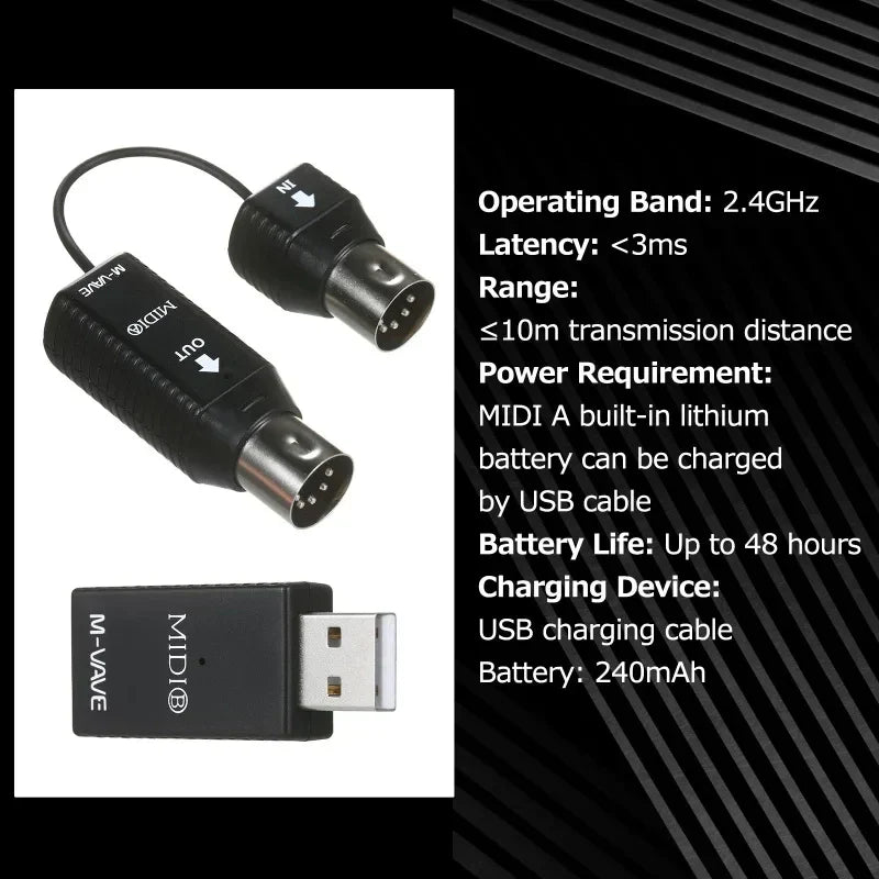 Black ms1 mini wireless midi wireless adapter plu play with built-in lithium battery and dual 3.5mm audio jacks for instruments