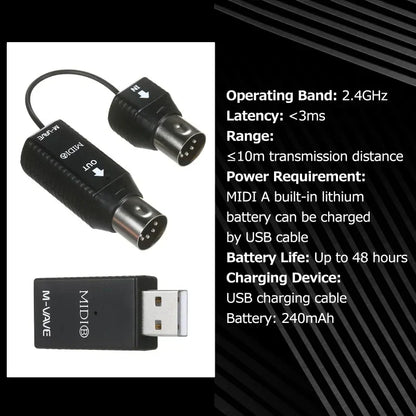 Black ms1 mini wireless midi wireless adapter plu play with built-in lithium battery and dual 3.5mm audio jacks for instruments