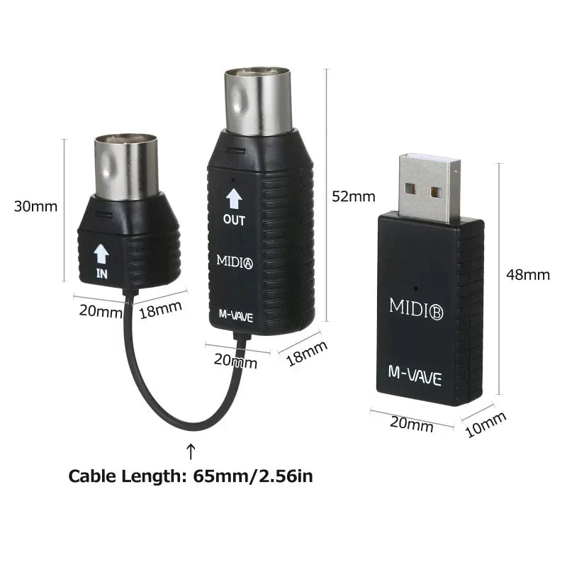 Black ms1 mini wireless midi wireless adapter plu play with silver xlr connectors and labeled in out ports backside view