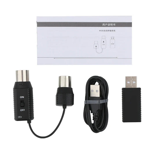 Black m-vave ms1 mini wireless transmission system with silver connectors and usb cable midi wireless adapter plug and play