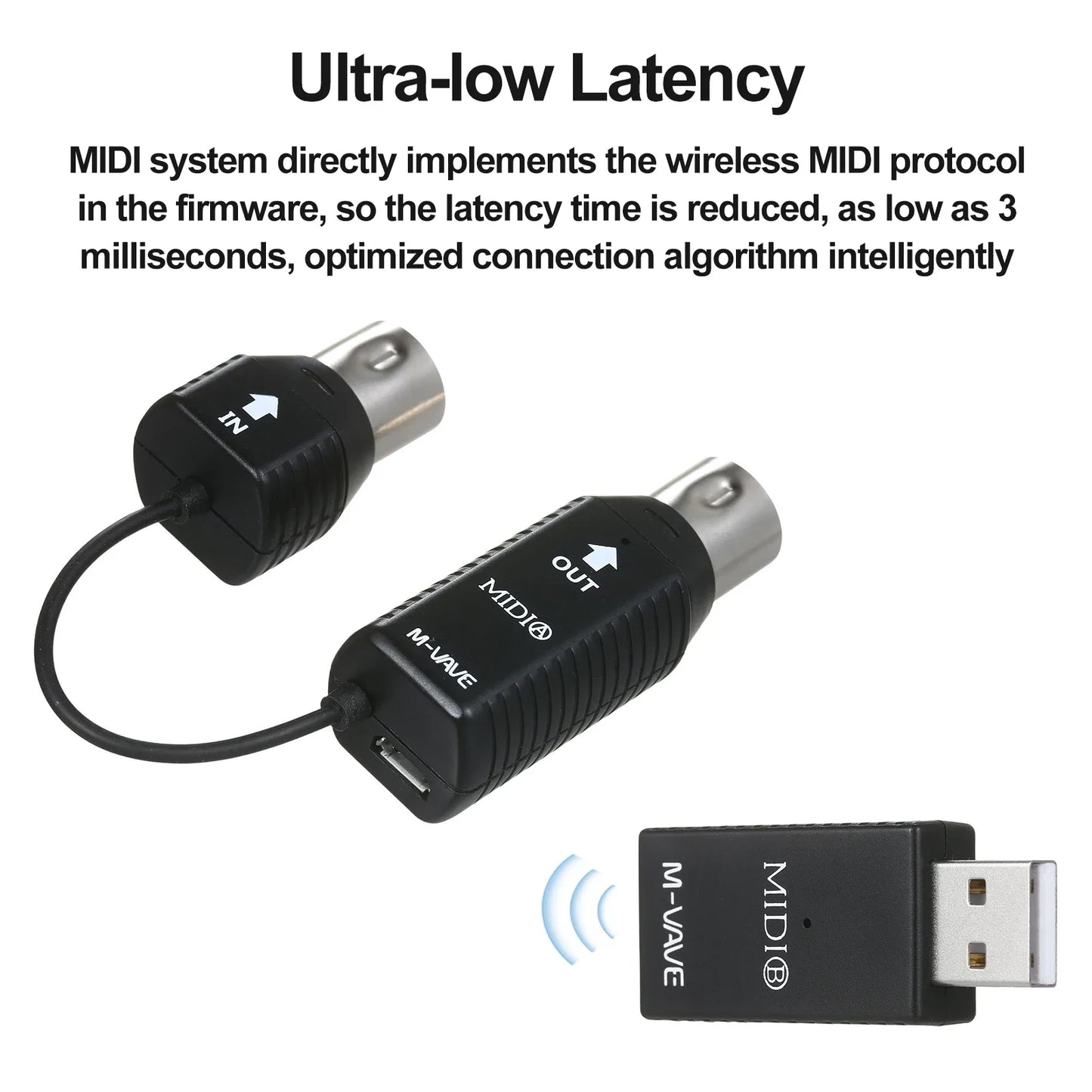 Black M-vave ms1 mini wireless midi wireless adapter with usb connector and XLR ports for ultra-low latency audio transmission