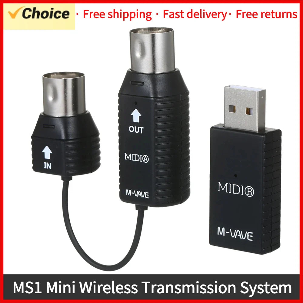 Black m-vave ms1 mini wireless midi wireless adapter with silver midi connectors and usb interface for plug and play use