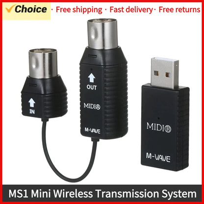 Black m-vave ms1 mini wireless midi wireless adapter with silver midi connectors and usb interface for plug and play use