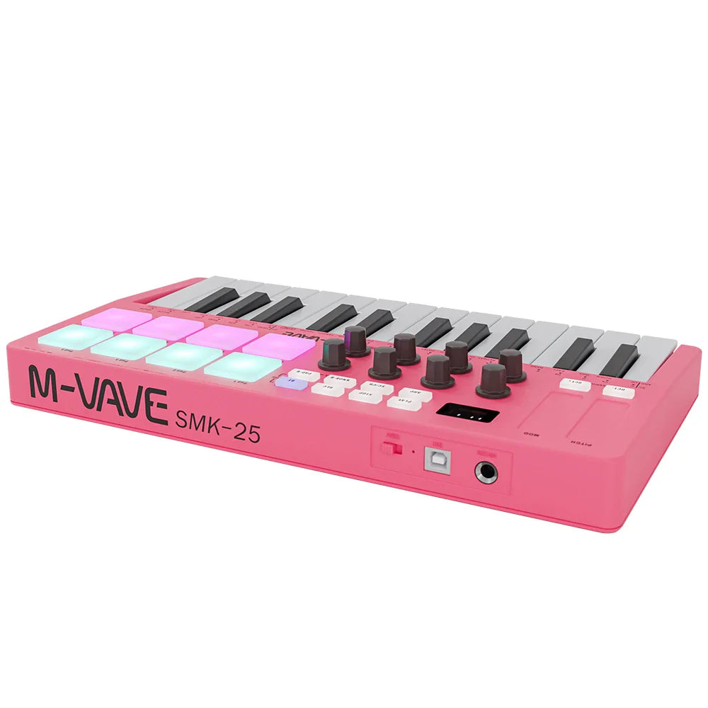 Pink m-vave smk-25 midi controller with velocity-sensitive keys, 8 rgb drum pads, and usb-b type interface