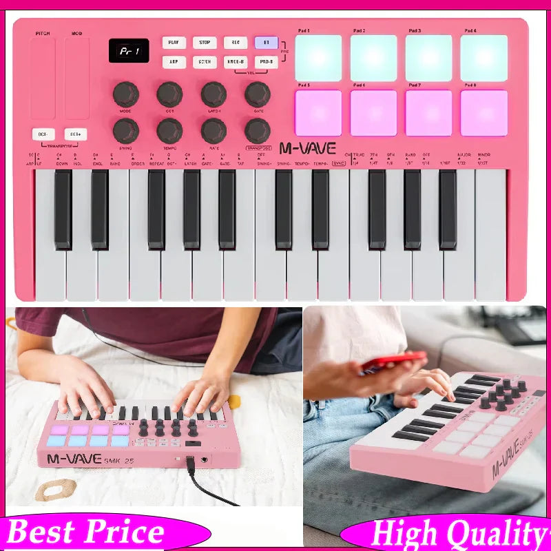 Pink m-vave smk-25 key midi controller with velocity-sensitive keys, illuminated drum pads, and usb-b type interface