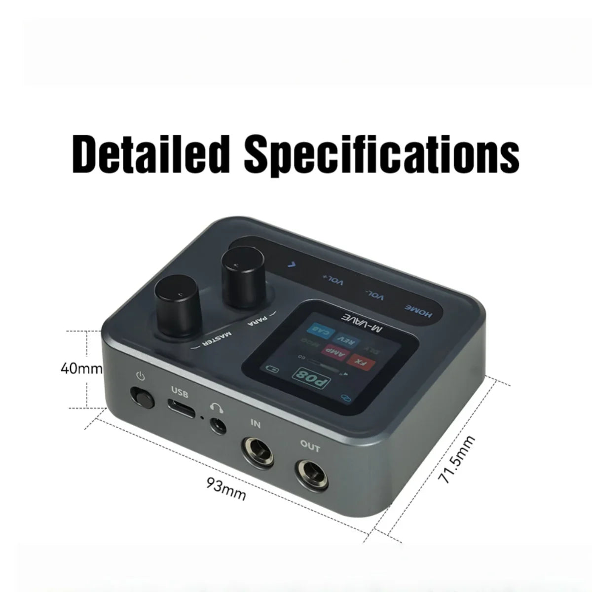 Black ani-voice 80d audio interface with touchscreen display and two rotary knobs for direct recording and multi-effects processing