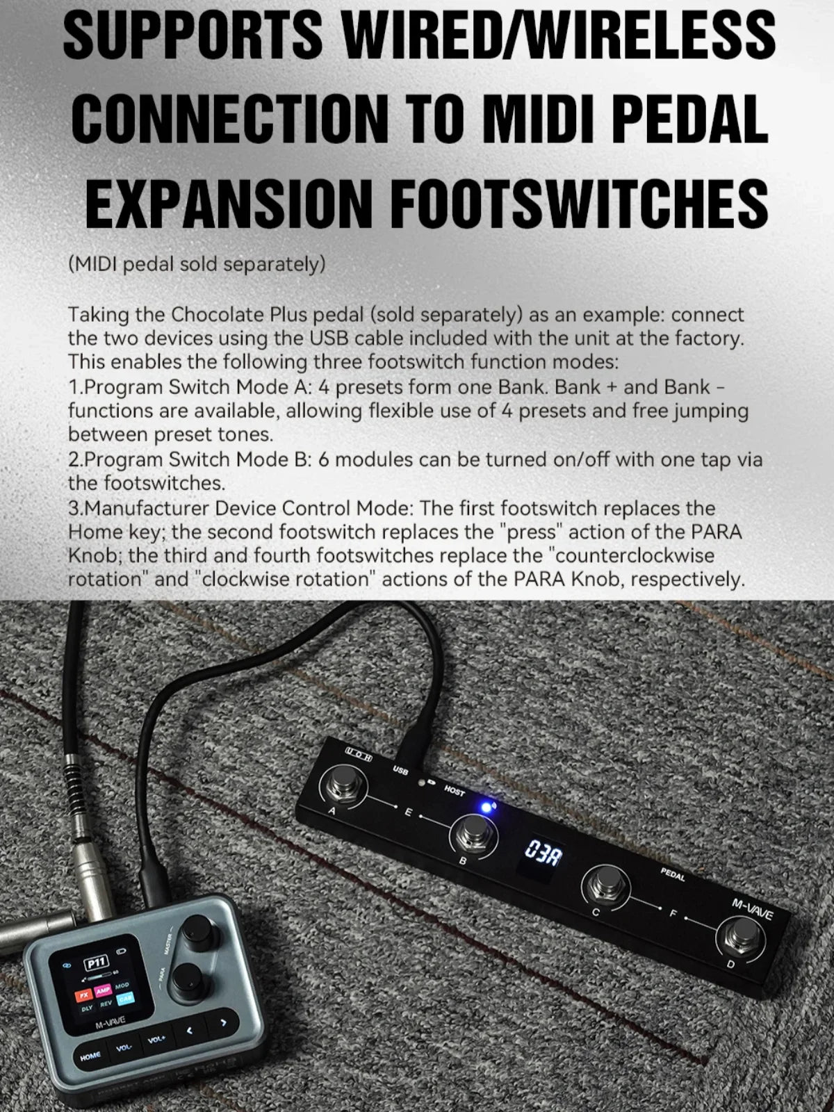 Black and silver midi pedal expansion footswitches with illuminated digital display and labeled buttons for m-vave pocket amp guitar processor