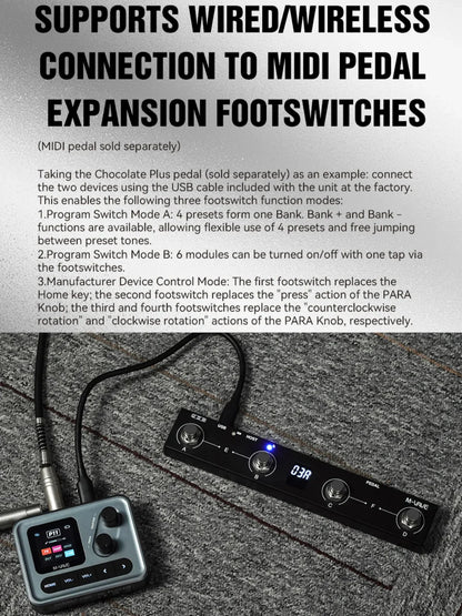 Black and silver midi pedal expansion footswitches with illuminated digital display and labeled buttons for m-vave pocket amp guitar processor