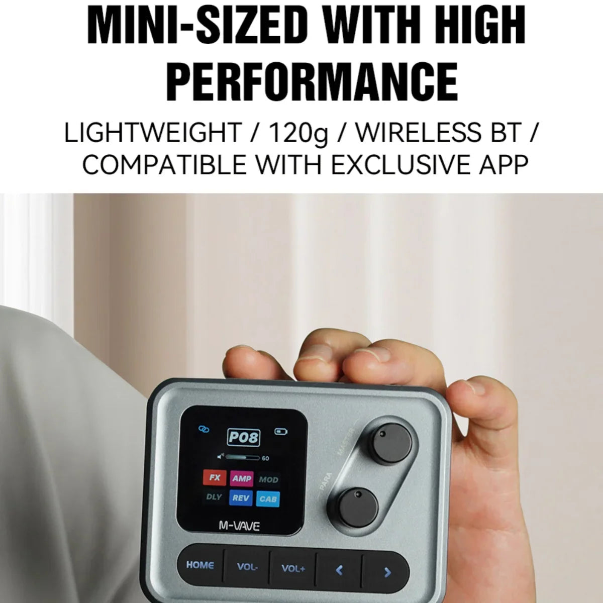 Silver m-vave pocket amp mini audio device with 1.54 inch hd screen and two rotary knobs for guitar effects and recording