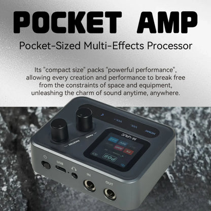 Silver and black m-vave pocket amp compact multi-effects processor with 1.54 inch hd screen knobs and usb-c ports